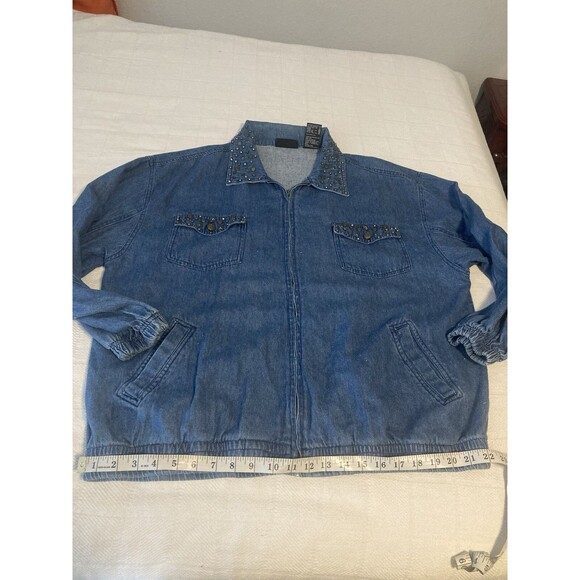 Vtg Y2K Denim Studded Jacket Rhinestones Blue Jean 1X Pockets OUT BROOK - Picture 7 of 11